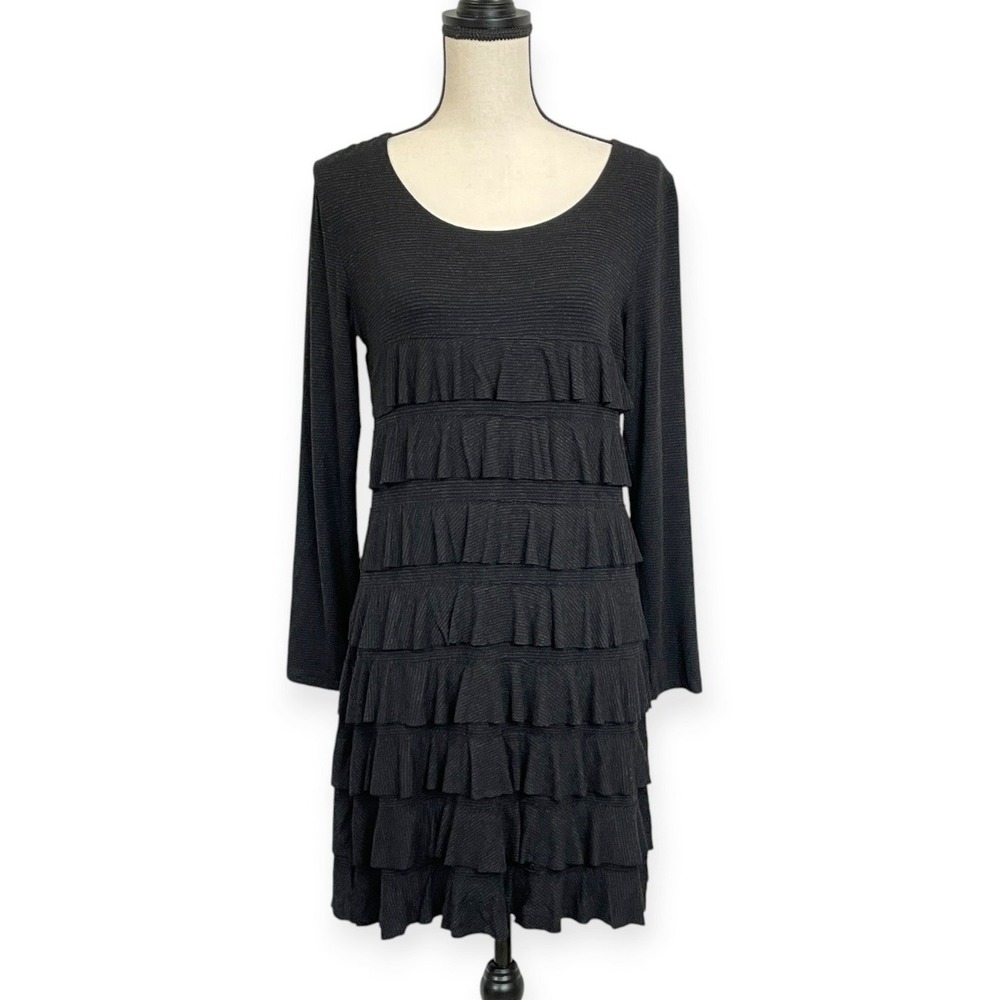 Isle Melis Kozan Gray Striped Two Tone Tiered Ruffle Knit Dress Minimalist Large